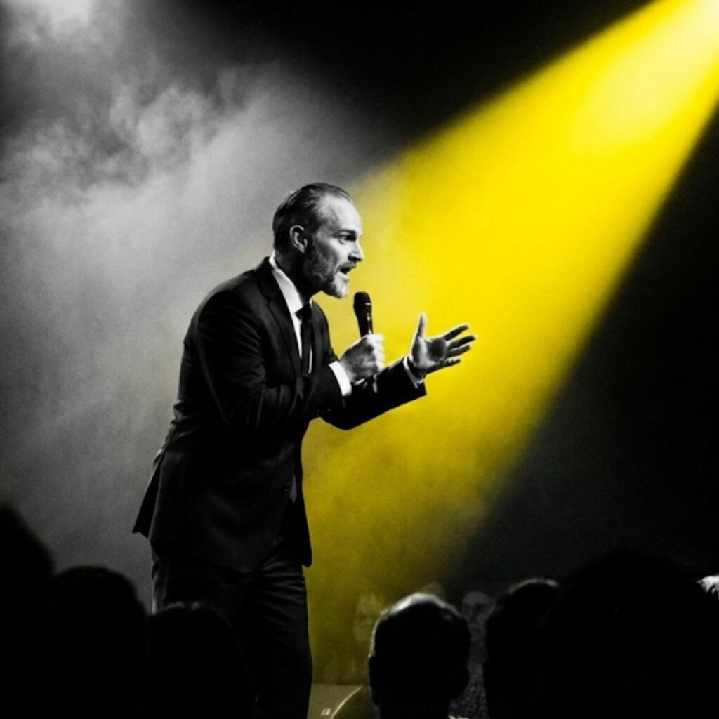 Der Redner hält eine Rede auf einer Bühne, beleuchtet von gelbem Scheinwerfer, im schwarzen Anzug.