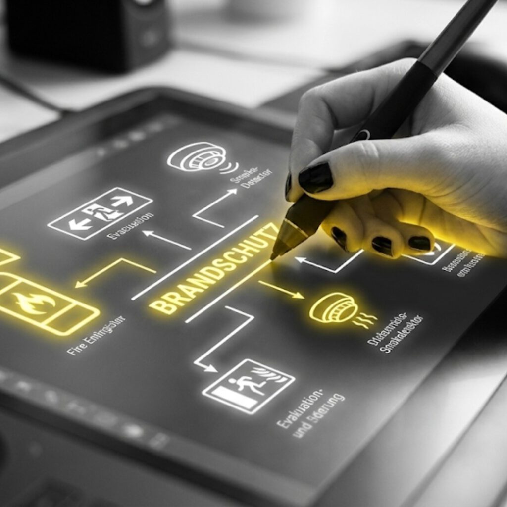Plan auf Tablet mit Stift, Fokus auf Brandschutz und Sicherheit.