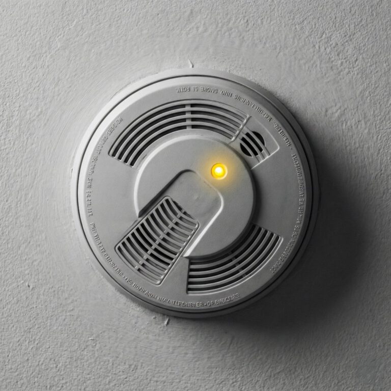 Rauchmelder an der Decke, Sicherheitsgerät für Brandprävention, Nahaufnahme.