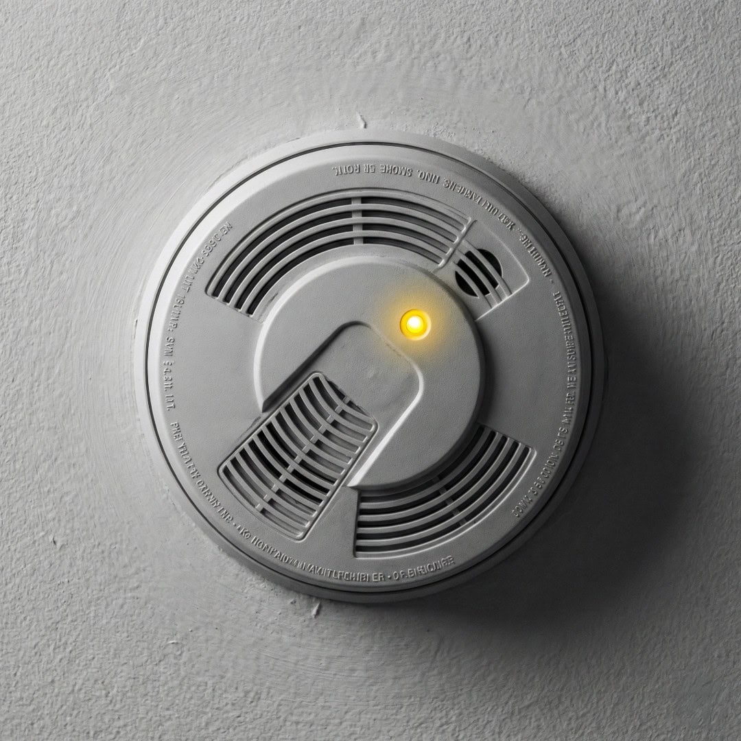 Rauchmelder an der Decke, Sicherheitsgerät für Brandprävention, Nahaufnahme.