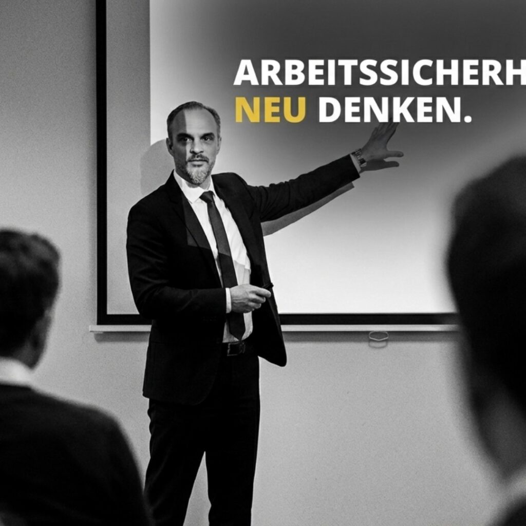 Experte präsentiert moderne Arbeits- und Sicherheitskonzepte.