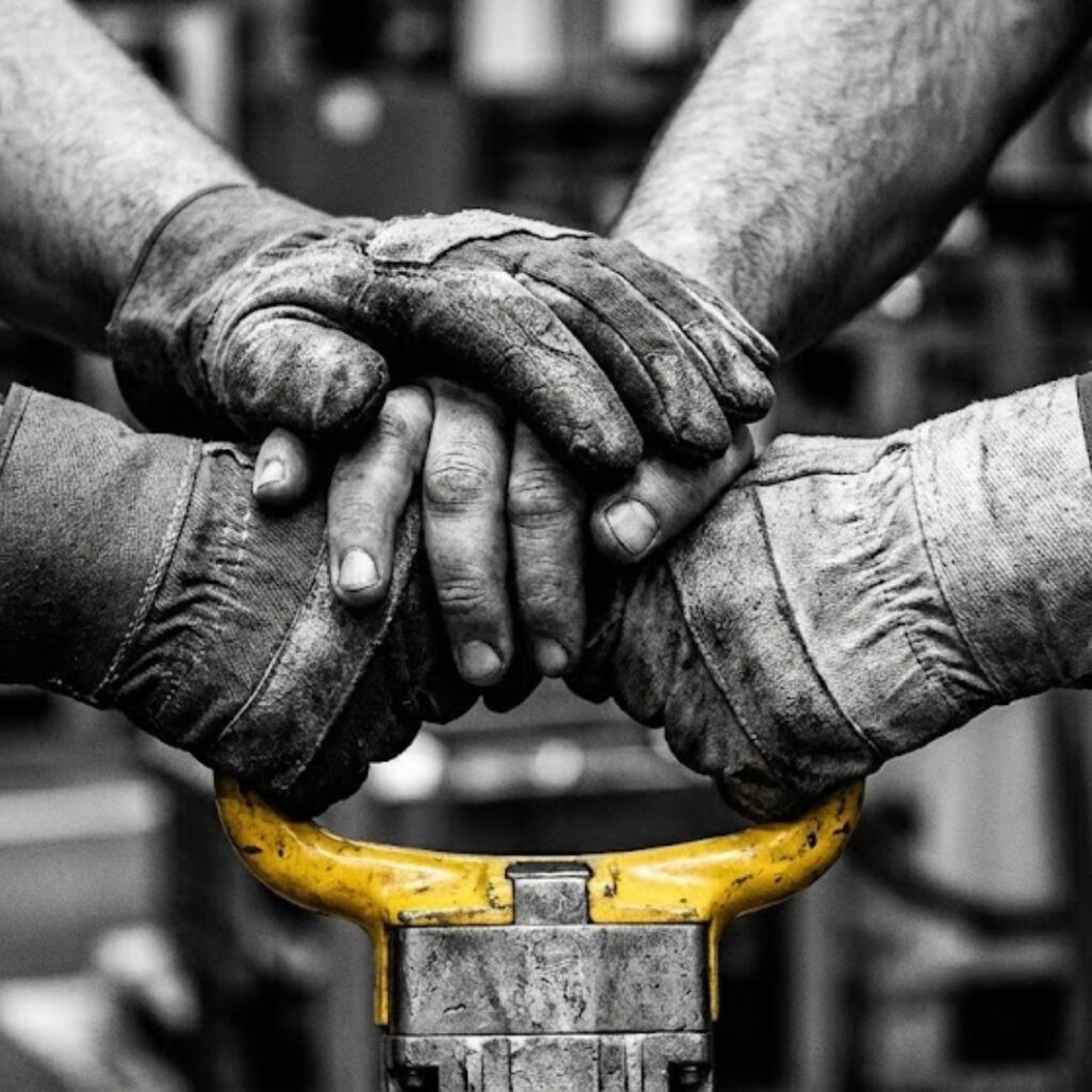 Schweißerhandschuhe und Hände in Teamarbeit, Fokus auf Handwerkskunst und Zusammenarbeit.