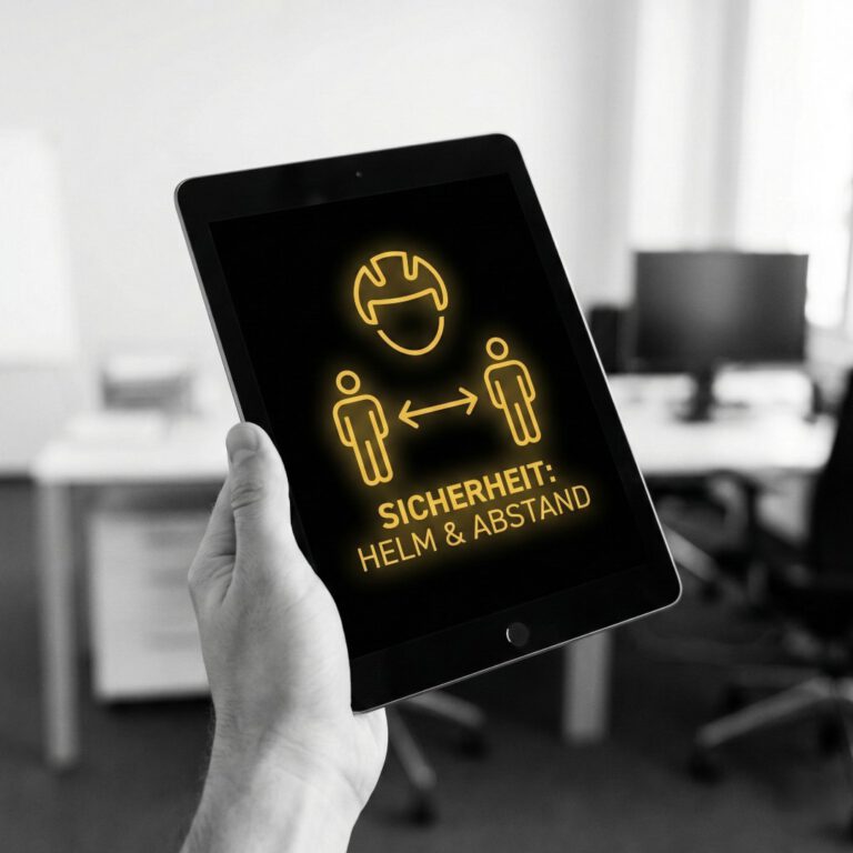 Sicherheitskonzept mit Helm und Abstand auf Tablet, Fokus auf Arbeitssicherheit und Schutzmaßnahmen.
