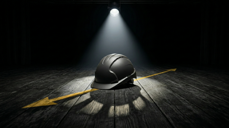 Ein Sicherheitshelm auf einer dunklen Theaterbühne als Metapher für das Ende des Sicherheitstheaters in Unternehmen – CH Unternehmensberatung
