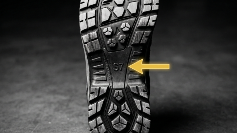 KI erstellt: Nahaufnahme einer Sicherheitsschuh-Sohle mit Fokus auf die neue S7-Zertifizierung gemäß der DGUV Regel 112-191 (Stand Februar 2026) – CH Unternehmensberatung.