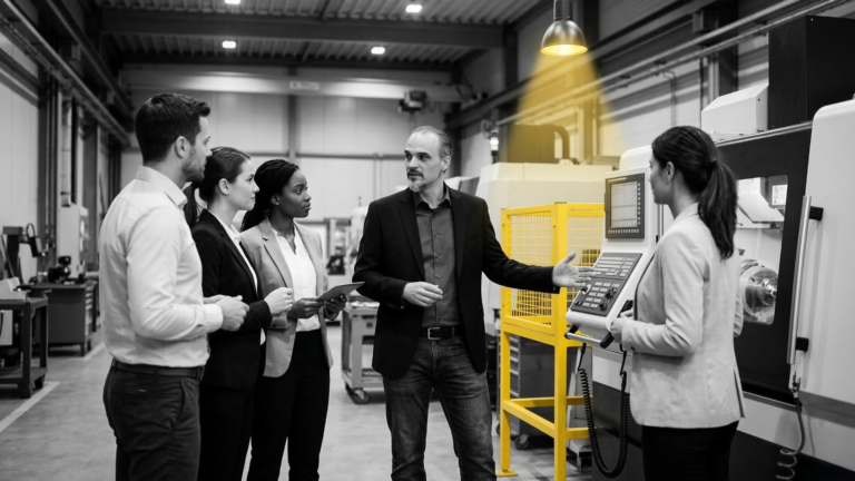 Ki- erstellt: Christian Harrer im fachlichen Dialog mit Mitarbeitern eines mittelständischen Betriebs zur modernen Unterweisung im Arbeitsschutz – hochwertige Schwarz-Weiß-Fotografie mit dem markanten gelben CH-Farbelement