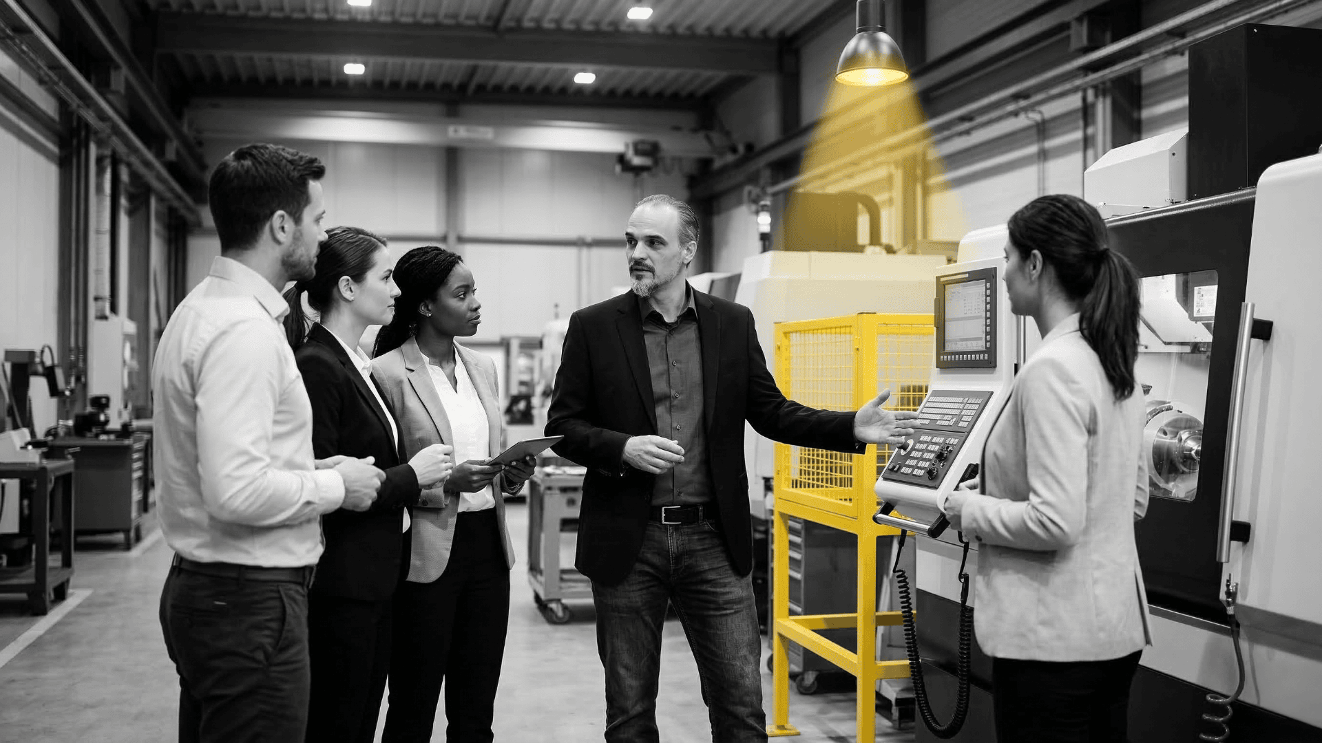 Ki- erstellt: Christian Harrer im fachlichen Dialog mit Mitarbeitern eines mittelständischen Betriebs zur modernen Unterweisung im Arbeitsschutz – hochwertige Schwarz-Weiß-Fotografie mit dem markanten gelben CH-Farbelement