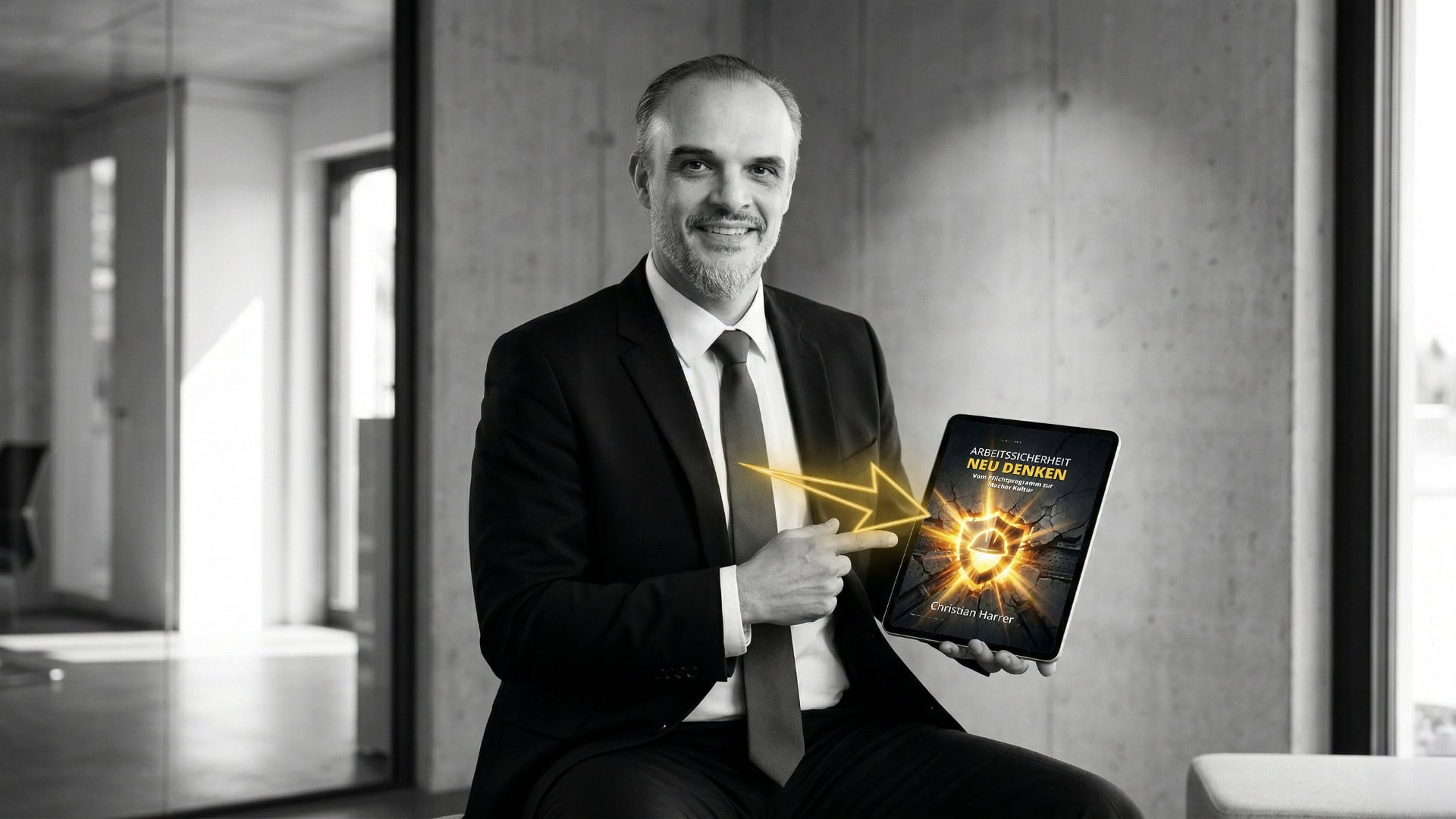 Christian Harrer präsentiert das neue E-Book „Sicherheit neu denken“ auf einem Tablet – hochwertige Schwarz-Weiß-Fotografie mit dem markanten goldgelben CH-Impulspfeil. CH Unternehmensberatung.