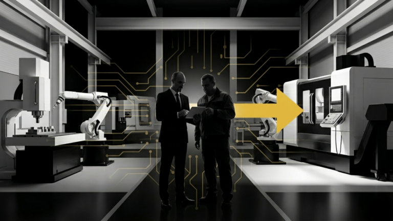 Strategischer Ausblick auf KI-Trends im Arbeitsschutz: Eine minimalistische Schwarz-Weiß-Fotografie einer modernen Industriehalle mit einem schwebenden, gold-gelben Netzwerk-Muster. Der markante Impulspfeil der Unternehmensberatung Christian Harrer verdeutlicht die technologische Orientierung für den Mittelstand im Jahr 2026.