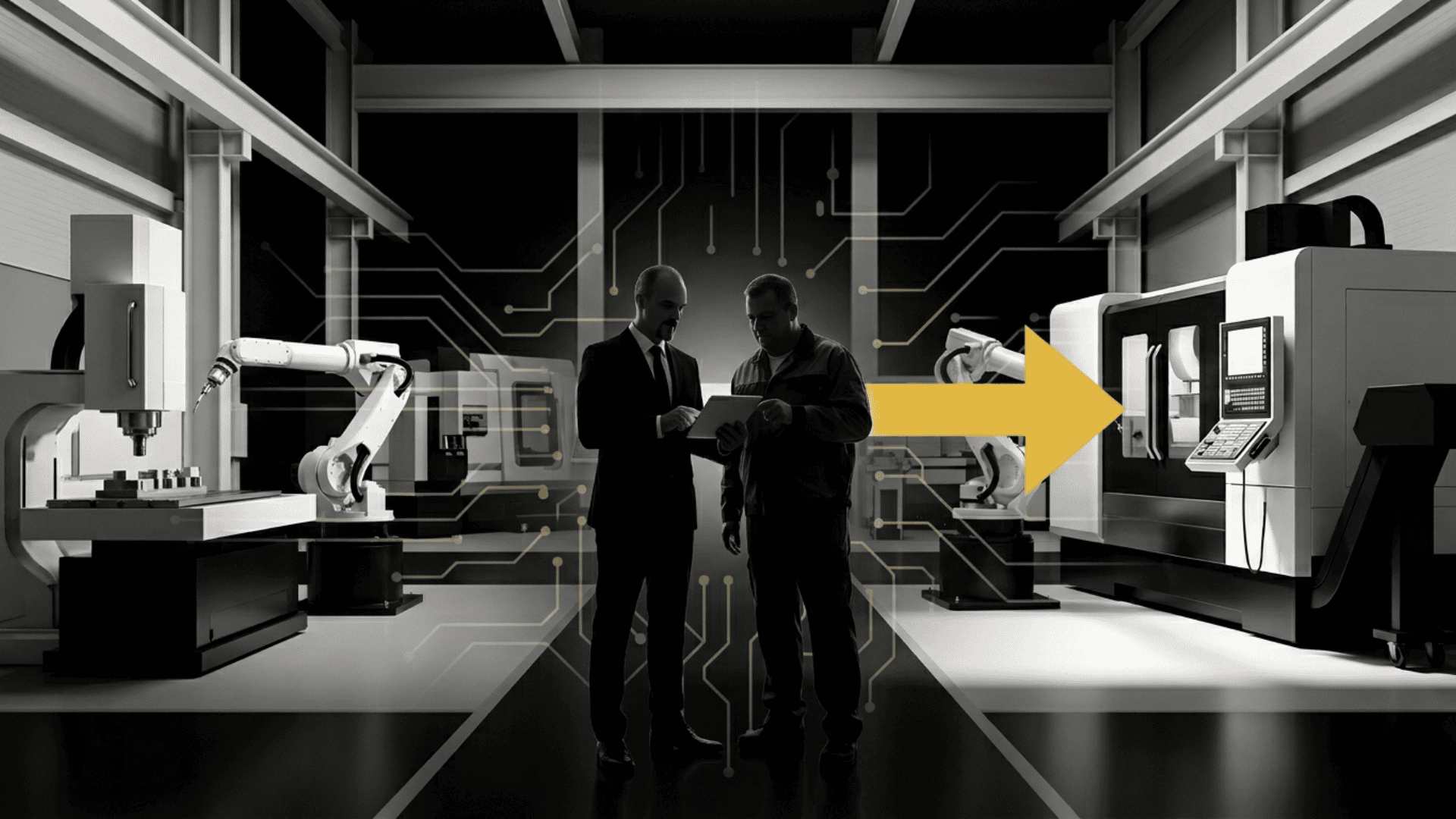 Strategischer Ausblick auf KI-Trends im Arbeitsschutz: Eine minimalistische Schwarz-Weiß-Fotografie einer modernen Industriehalle mit einem schwebenden, gold-gelben Netzwerk-Muster. Der markante Impulspfeil der Unternehmensberatung Christian Harrer verdeutlicht die technologische Orientierung für den Mittelstand im Jahr 2026.