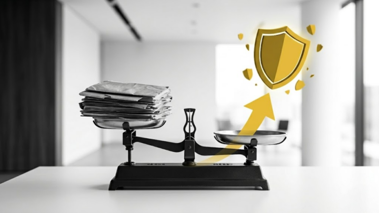 Bürokratieabbau im Arbeitsschutz durch § 22 SGB VII: Eine minimalistische Schwarz-Weiß-Aufnahme einer Waage, die das Gleichgewicht zwischen Verwaltung und Sicherheit darstellt, akzentuiert durch den gold-gelben Impulspfeil der Unternehmensberatung Christian Harrer.