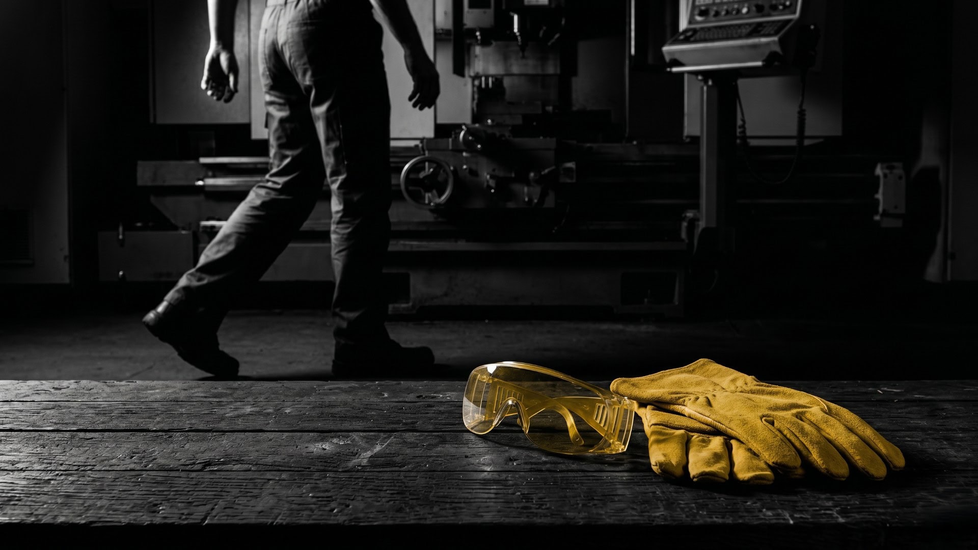Gefahren durch fehlende Schutzausrüstung im Betrieb: Eine ausdrucksstarke Schwarz-Weiß-Aufnahme von ungenutzter PSA auf einer Werkbank, hervorgehoben durch den gold-gelben Impulspfeil der Unternehmensberatung Christian Harrer, um das Bewusstsein für die Safety Culture zu schärfen.