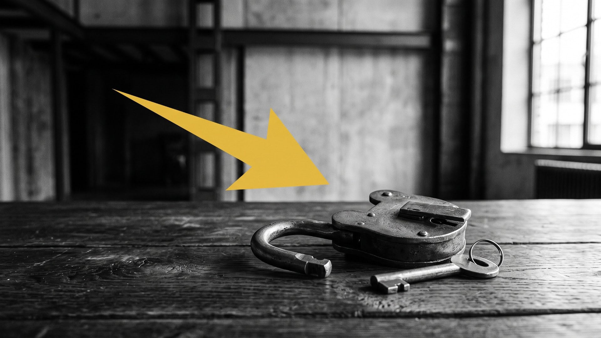 Wechsel zu einer proaktiven Safety Culture: Eine kontrastreiche Schwarz-Weiß-Aufnahme eines geöffneten Vorhängeschlosses auf einer Werkbank, akzentuiert durch den gold-gelben Impulspfeil der Unternehmensberatung Christian Harrer, um den Abbau von Kontrollstrukturen zu symbolisieren.