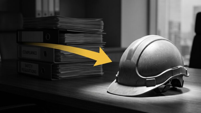 Der Wandel von der Theorie zur Praxis: Eine kontrastreiche Schwarz-Weiß-Aufnahme, in der Papierstapel im Hintergrund liegen, während der Fokus auf einem Schutzhelm im Vordergrund liegt. Der gold-gelbe Impulspfeil der Unternehmensberatung Christian Harrer verdeutlicht den Weg von der Compliance zur gelebten Safety Culture.
