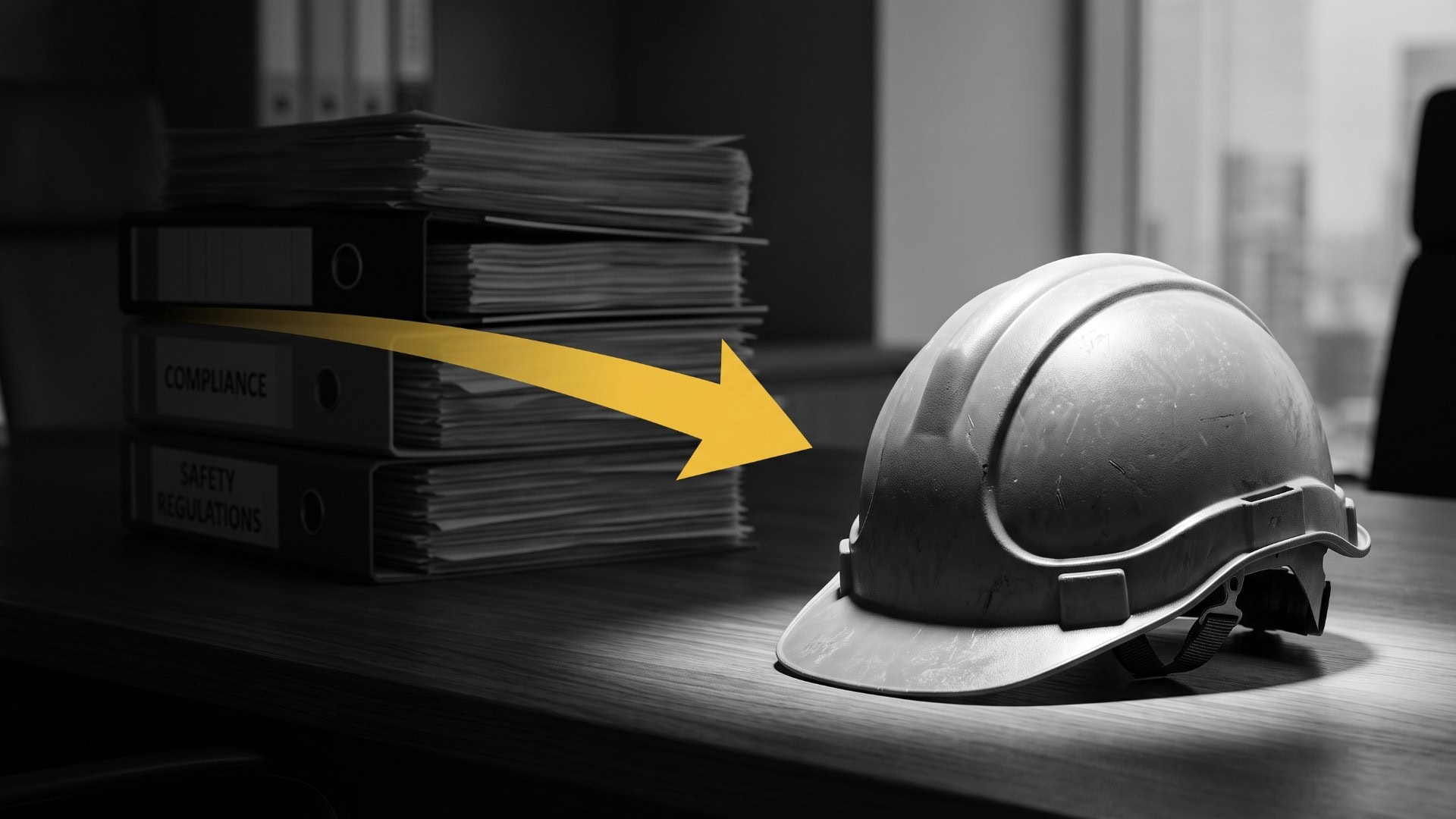 Der Wandel von der Theorie zur Praxis: Eine kontrastreiche Schwarz-Weiß-Aufnahme, in der Papierstapel im Hintergrund liegen, während der Fokus auf einem Schutzhelm im Vordergrund liegt. Der gold-gelbe Impulspfeil der Unternehmensberatung Christian Harrer verdeutlicht den Weg von der Compliance zur gelebten Safety Culture.