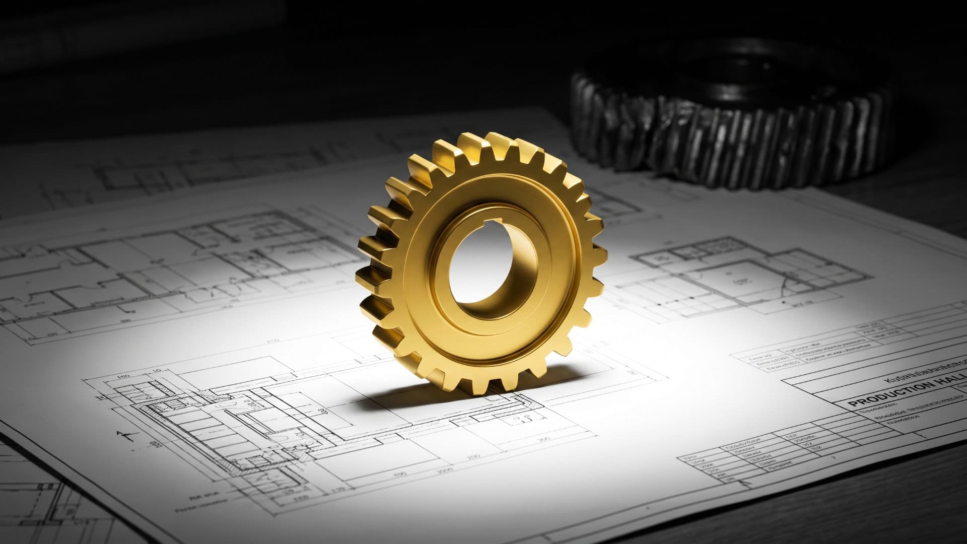 Prävention statt Reparatur: Eine kontrastreiche Schwarz-Weiß-Aufnahme, bei der ein fehlerfreies, in CH-Goldgelb hervorgehobenes Bauteil auf technischen Bauplänen die proaktive Gestaltung im Arbeitsschutz symbolisiert.