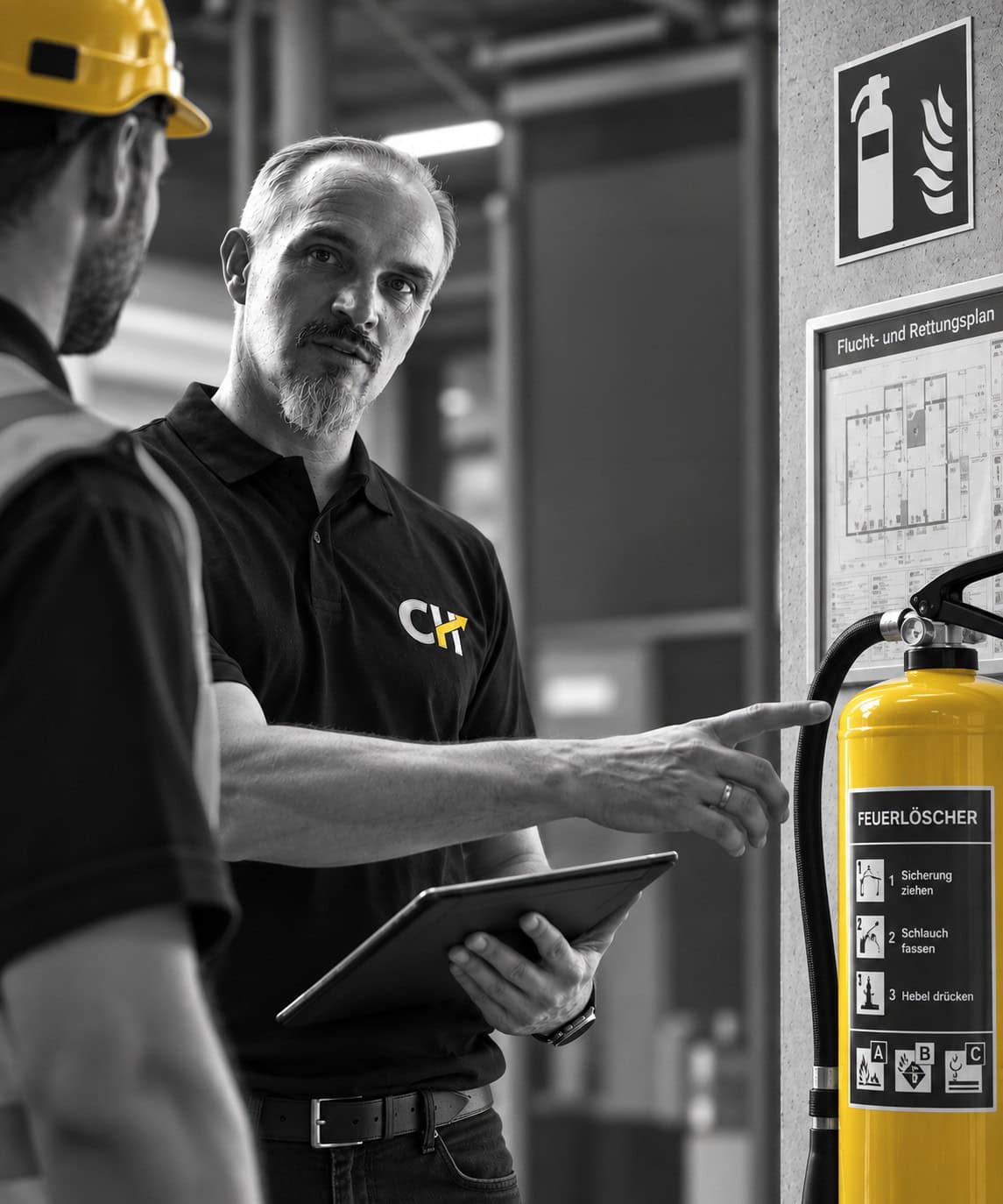 Christian Harrer bei einer Brandschutzbegehung in industrieller Umgebung – im Gespräch mit einem Mitarbeiter am Feuerlöscher, mit Fokus auf Fluchtwege und Notfallvorsorge.
