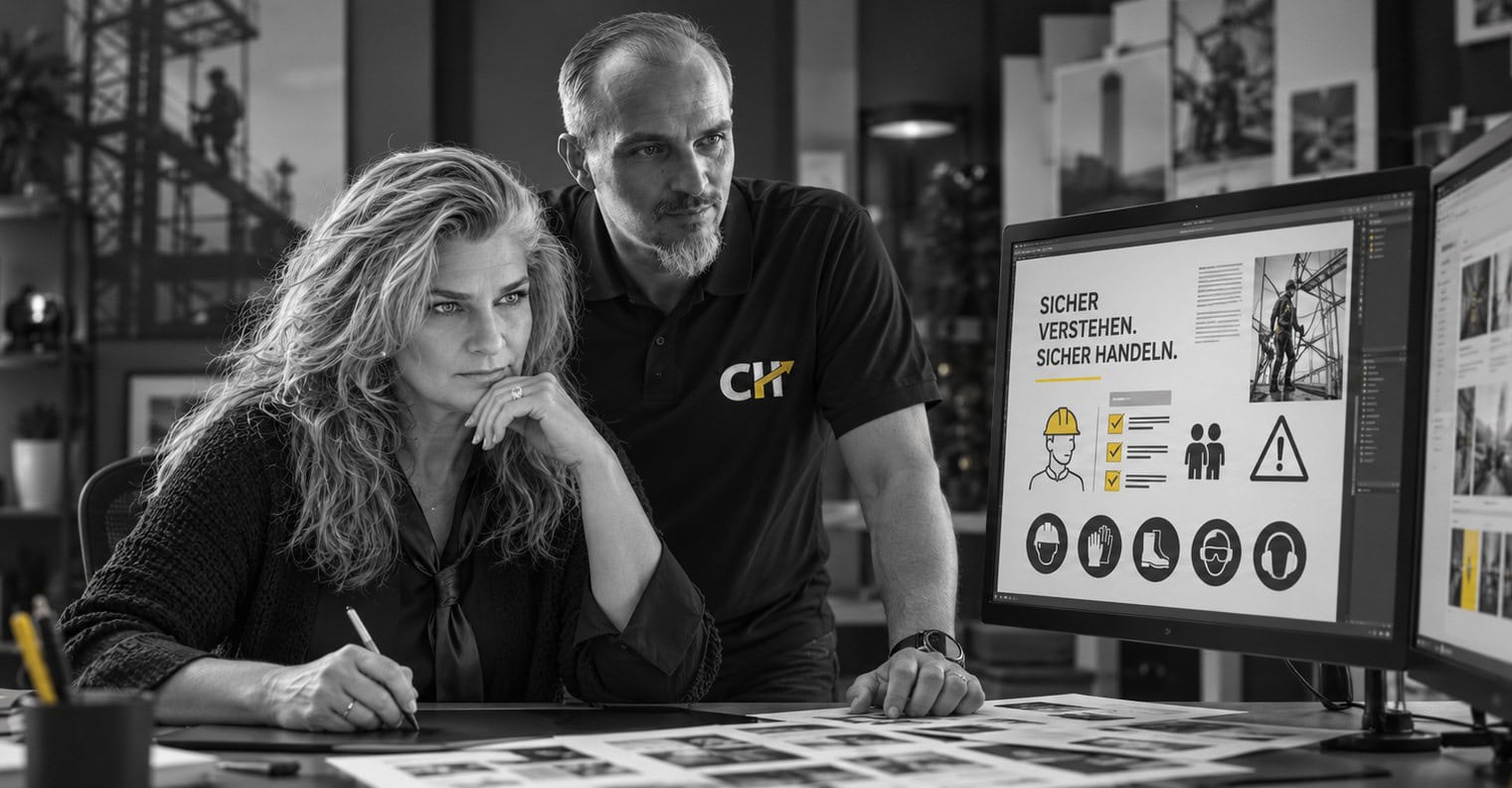 Gabi und Christian Harrer entwickeln gemeinsam visuelle Sicherheitskommunikation im Kreativstudio – Mediendesign macht Arbeitsschutz und Brandschutz verständlich, sichtbar und wirksam.