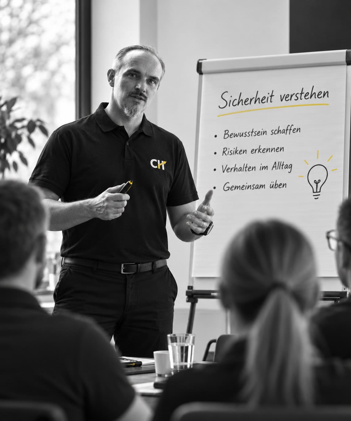 Christian Harrer bei einem praxisnahen Sicherheitstraining mit Mitarbeitenden – interaktiver Austausch zu Arbeitsschutz, Verhalten und nachhaltiger Entwicklung.